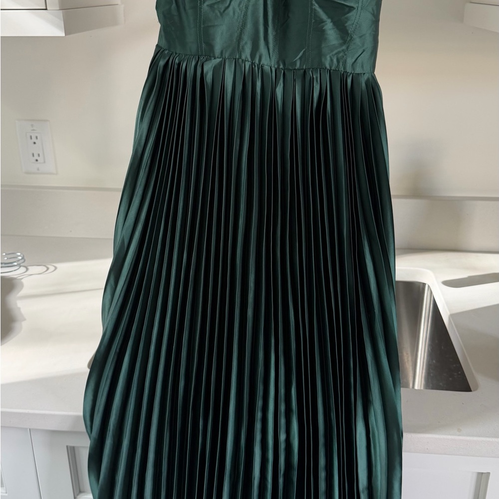 Vici Dark Green Pleated Strapless Satin Evening Gown